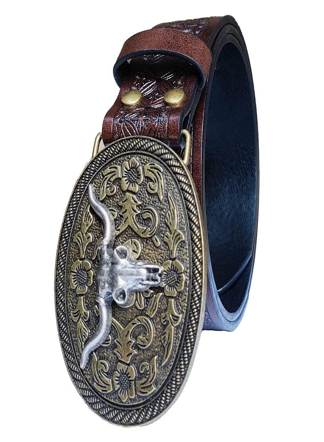Wojgzon Western Cowboy Cowgirl Belt for Men Women - Embossed PU Leather Longhorn Bull Buckle Country Belt for Jeans 31-35" waist - Image 3